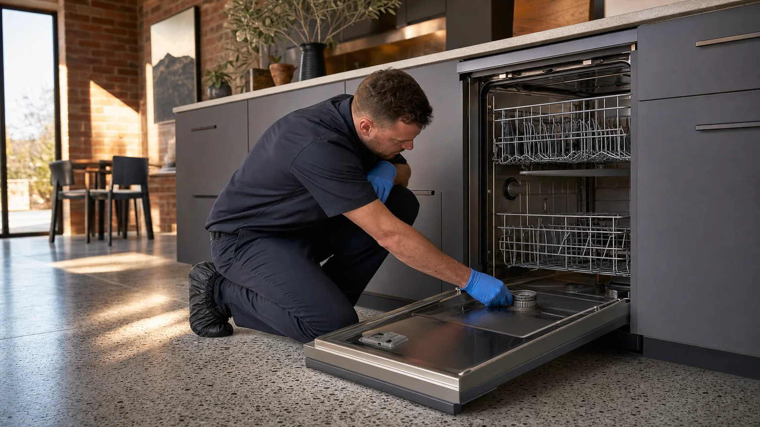 Panel-ready dishwasher prepared for a professional diagnostic visit